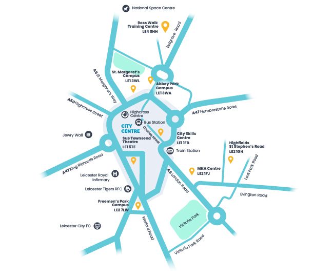 Map showing campuses and main routes