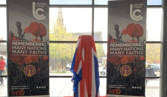 Leicester College banners remembering many nations many faiths